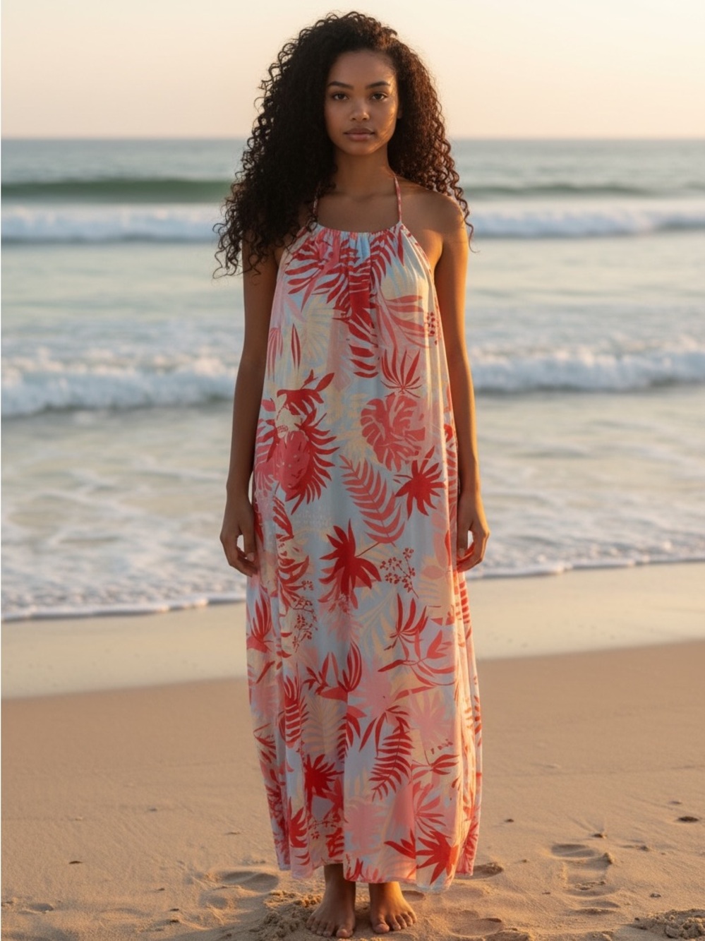 Tropical Halter Maxi Dress in Coral and Cream